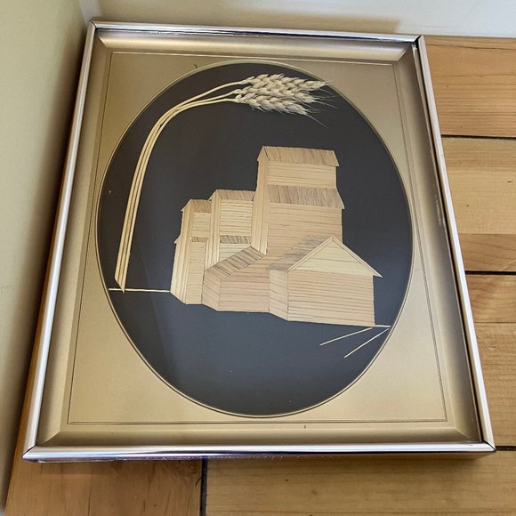 Prairie Grain Elevator & Barn Wheat Weaving Framed 2 Folk Art Alberta Canada - Picture 7 of 7